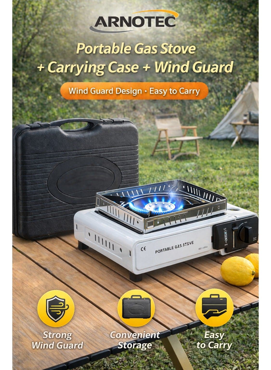 Portable Camping Gas Stove 2900W with Wind Guard & Carrying Case – Adjustable Flame Outdoor Cooker for Camping, Hiking, BBQ & Emergency Use