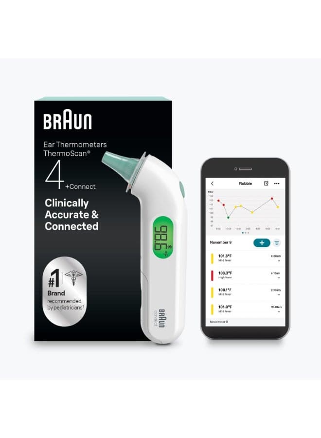 Braun ThermoScan 4+ Connect IRT3575 Digital Ear Thermometer for Kids and Adults, Professional Accuracy, Color Coded and Audio Fever Guidance for Babies, Toddlers - White