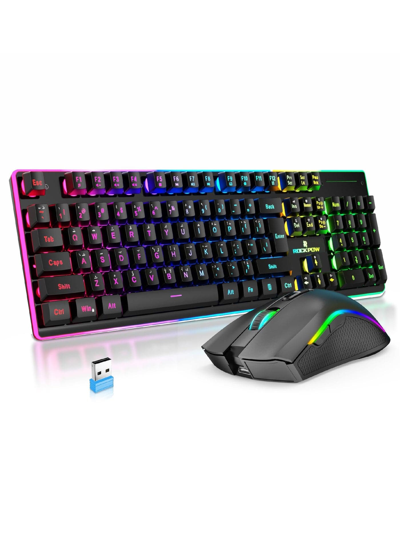 ROCK POW Arabic English 2.4G Wireless Gaming Keyboard and Mouse Combo,Gaming Combo include 100% 104 keys Merchanical Feel Keyboard Anti-ghosting RGB Rechargeable 3000mAh Battery, Ergonomic Design RGB Wireless Mouse Mice 4800 DPI Rechargeable 650mAh for PC Gamer