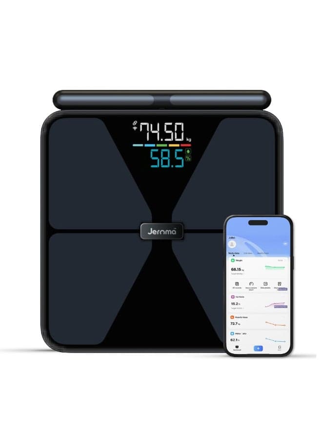 Jeroma FitPro+ Smart Digital Bathroom Weight Scale | 8-Electrode Body Composition Weighing Scale with 56 Health Metrics, Bluetooth App Sync, LED Display, Multi-User Profiles | 30cm Tempered Glass