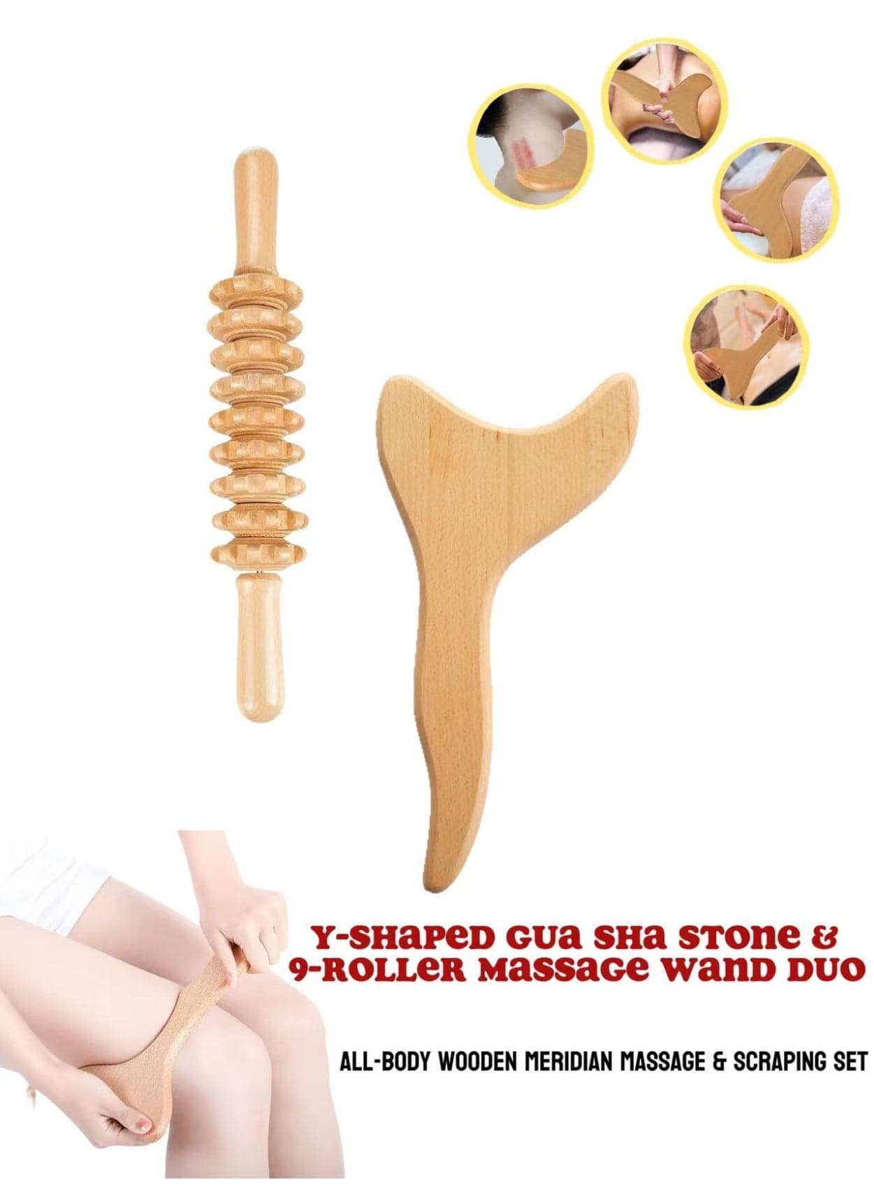 2-in-1 Wooden Massage Kit for Home Use, Gua Sha and Muscle Rolling, Suitable for Neck, Shoulder, Back, Waist and Legs