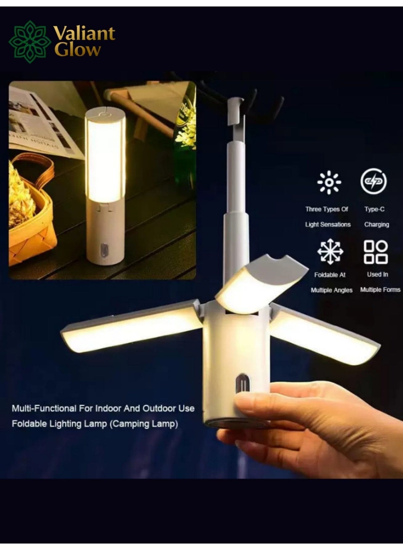 Emergency Blackout-Portable White Foldable LED Camping Light | Rechargeable Camping Lights | camping light with stand | led light for camping | Waterproof Foldable Tent Light | 4000mAh camping lights rechargeable | Long Battery Life | Magnetic Base | Three Light Sensing Modes | Multi-Angle Folding.