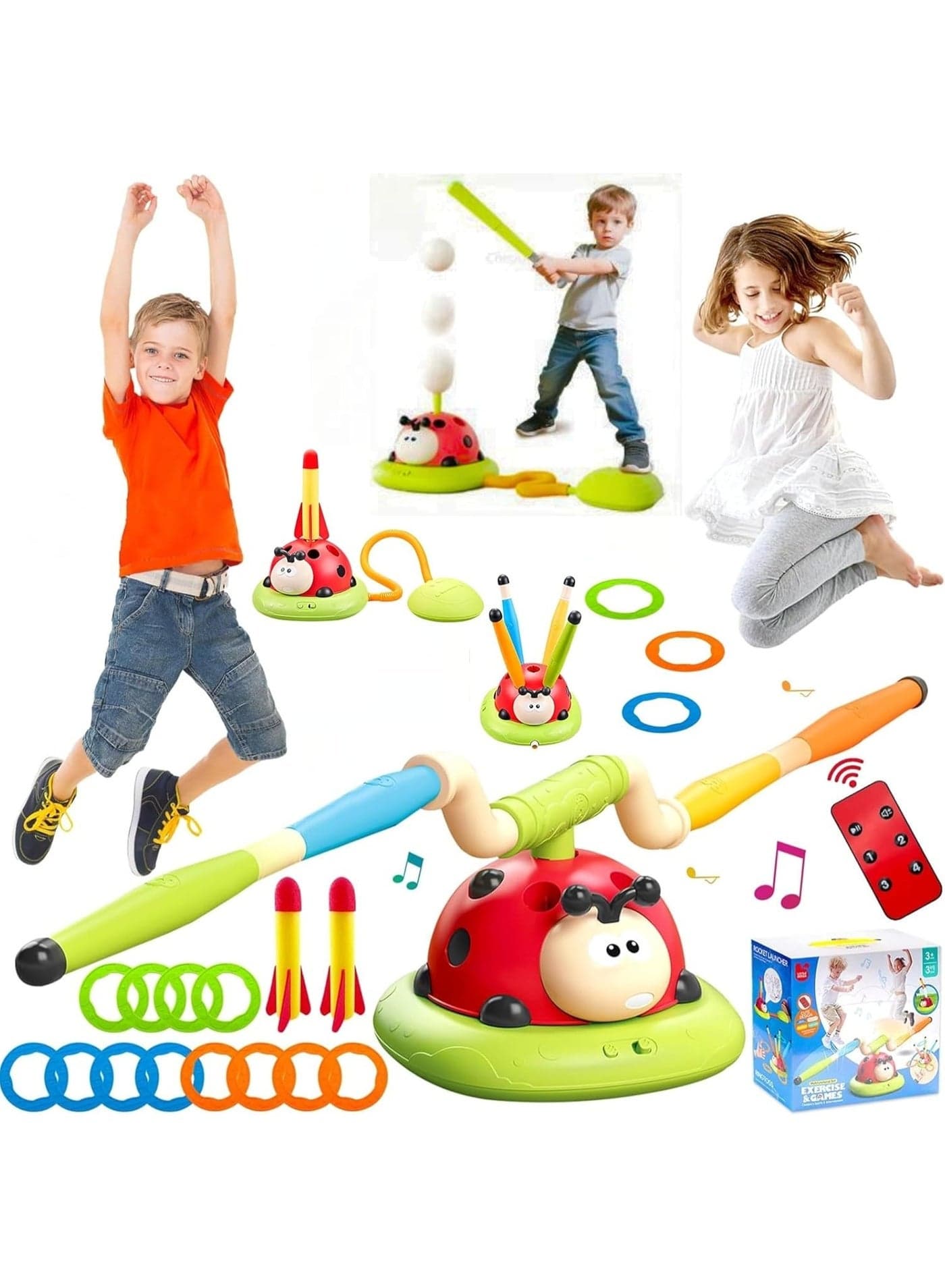 4 in 1 Ladybug Exercise Machine for Kids – Multi-Game Set with Rocket Launcher, Ring Toss, Jump Rope & Music Play | Indoor & Outdoor Sports Toy for Boys & Girls Ages 3+