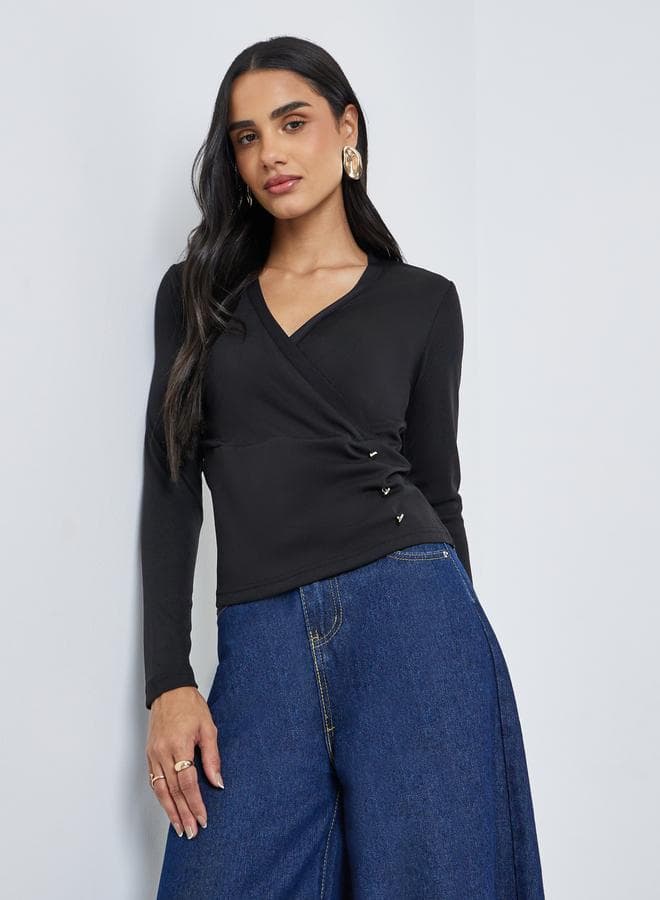Styli Textured Wrap Buttoned Rib Top