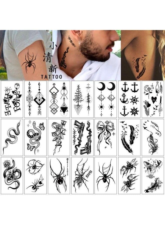 21 Geometric Waterproof Temporary Tattoos, Butterfly, Love, Heartbeat, Anchor Text, Lines, Flowers, Animals, Suitable for Children, Adults, Men and Women - Black
