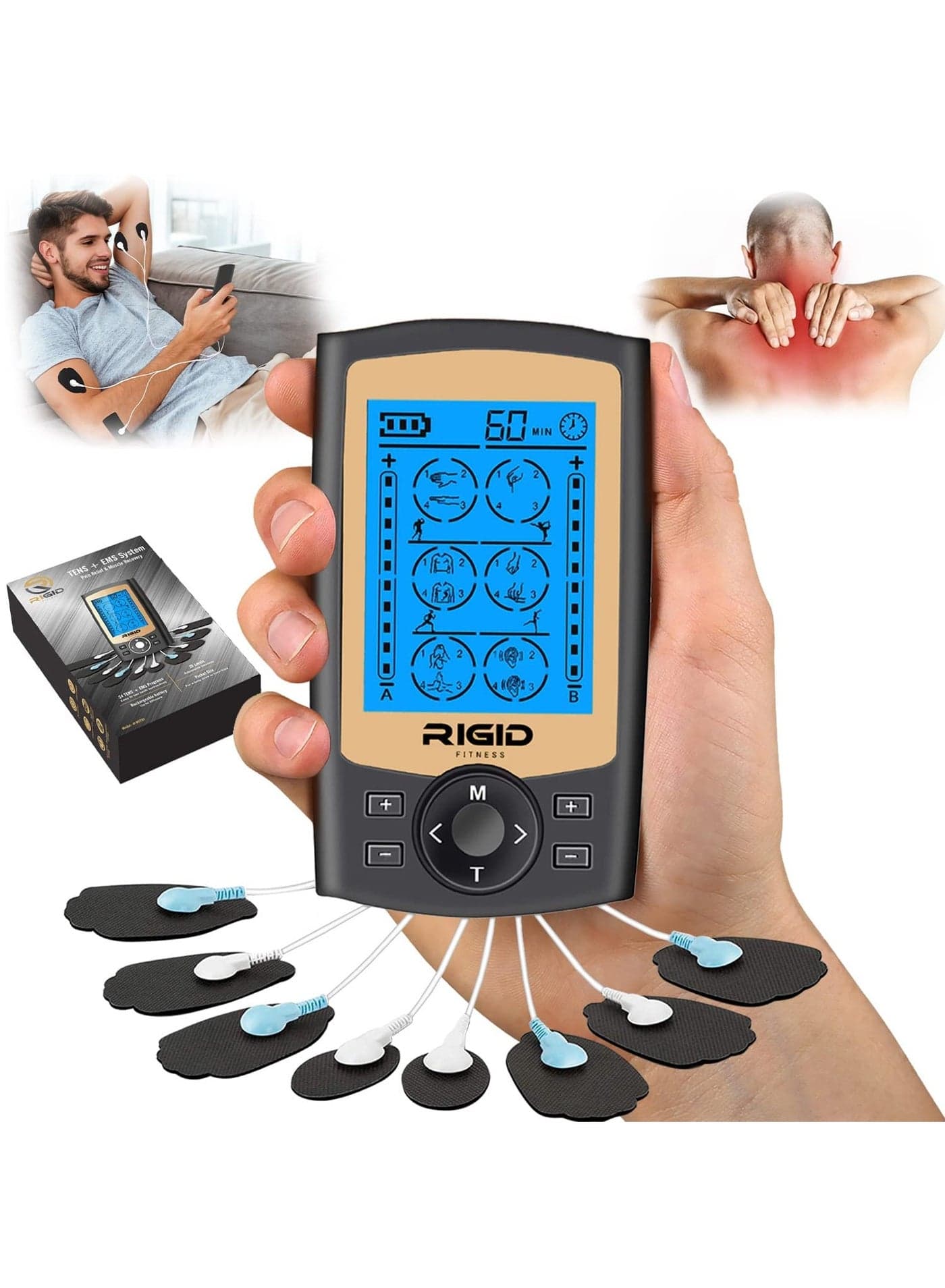 TENS EMS Muscle Stimulator With 24 Massage Modes - Pain Relief Massager, Nerve & Muscle Activation - Includes 10 Electrode Pads & Carry Bag - For Better Blood Flow, Relaxation & Recovery