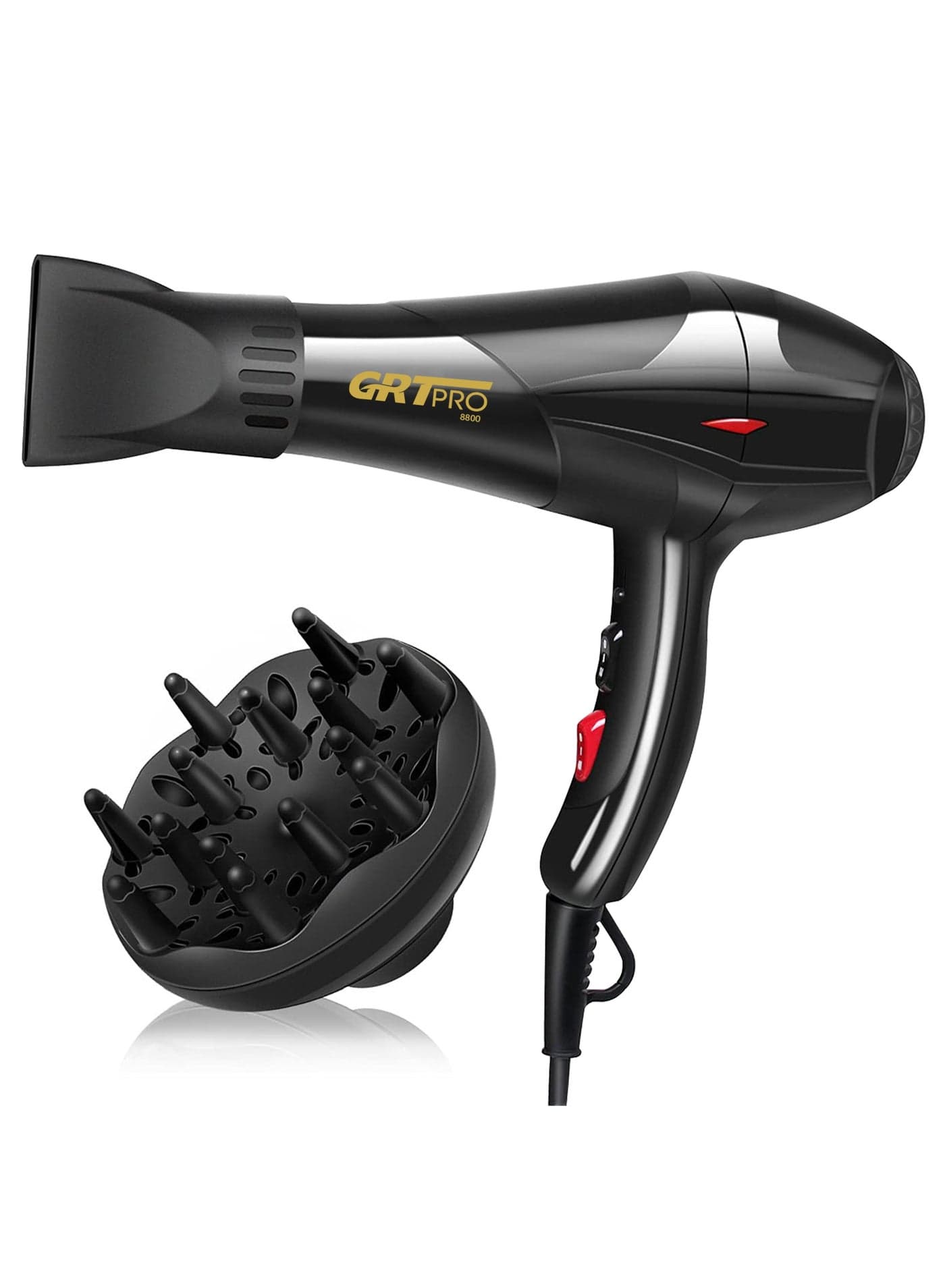 GRT PRO Professional Hair Dryer 3500W Ionic Hairdryer AC Motor Blue Light Anion with 1 Diffuser & 2 Nozzles Accessories, Overheating Protection 2 Speeds 3 Heat Settings for Women Men Home Salon