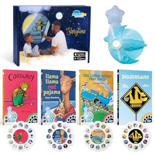 Moonlite Storytime Starter Pack with Smartphone Projector Picture Disc and Four Stories Ideal for Bedtime Storytime Family Travel and Thoughtful Storytime