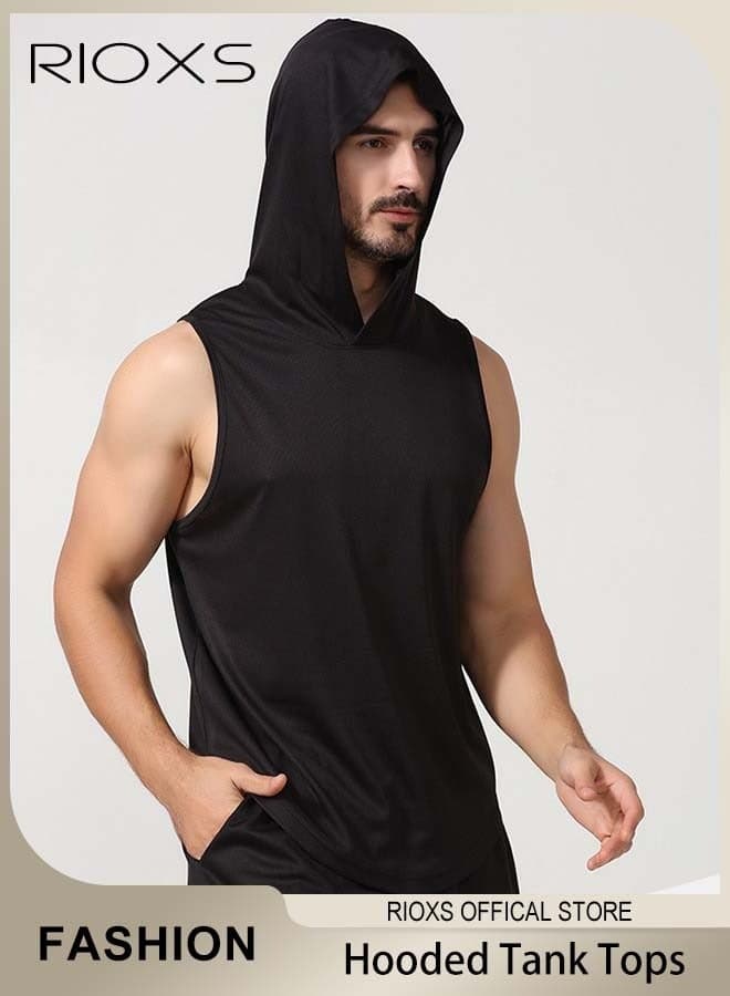 Men's T-Shirt, Workout Hooded Tank Tops, Sports Training Sleeveless Shirts For Men, Gym Hoodies Bodybuilding Muscle Cut Off T-Shirts, Comfy Lightweight Mens Tops, Black Fitness Exercise Beaters Tops For Men