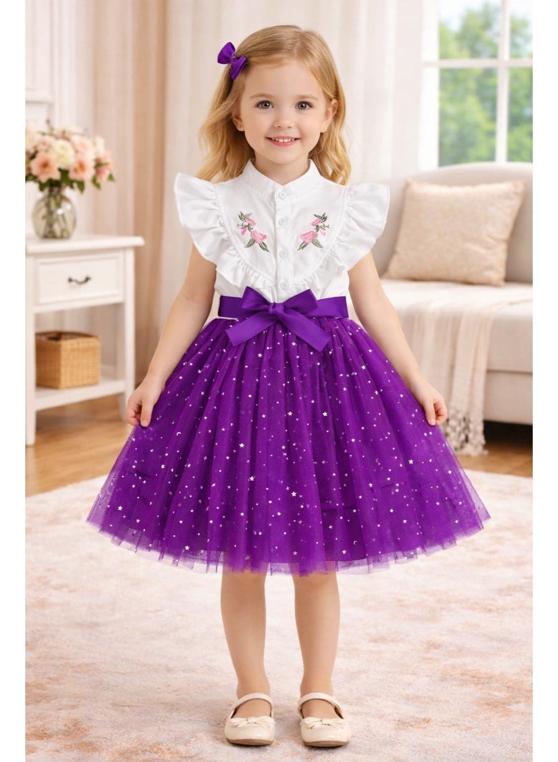 Girls Party Dress 3-5 Years | Floral Embroidered Ruffle Sleeve Dress with Star Tulle Skirt & Bow | Kids Birthday, Wedding & Occasion Dress (Red, Purple, Brown)