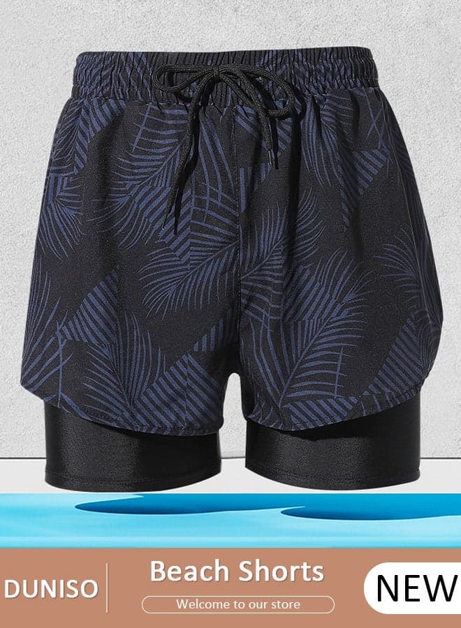 Men's Swimming Trunks with Compression Liner, Double Layer Quick Dry Beach Shorts with Adjustable Belt Loose Breath Swim Shorts Swimwear Bathing Suits for Beach and Swimming