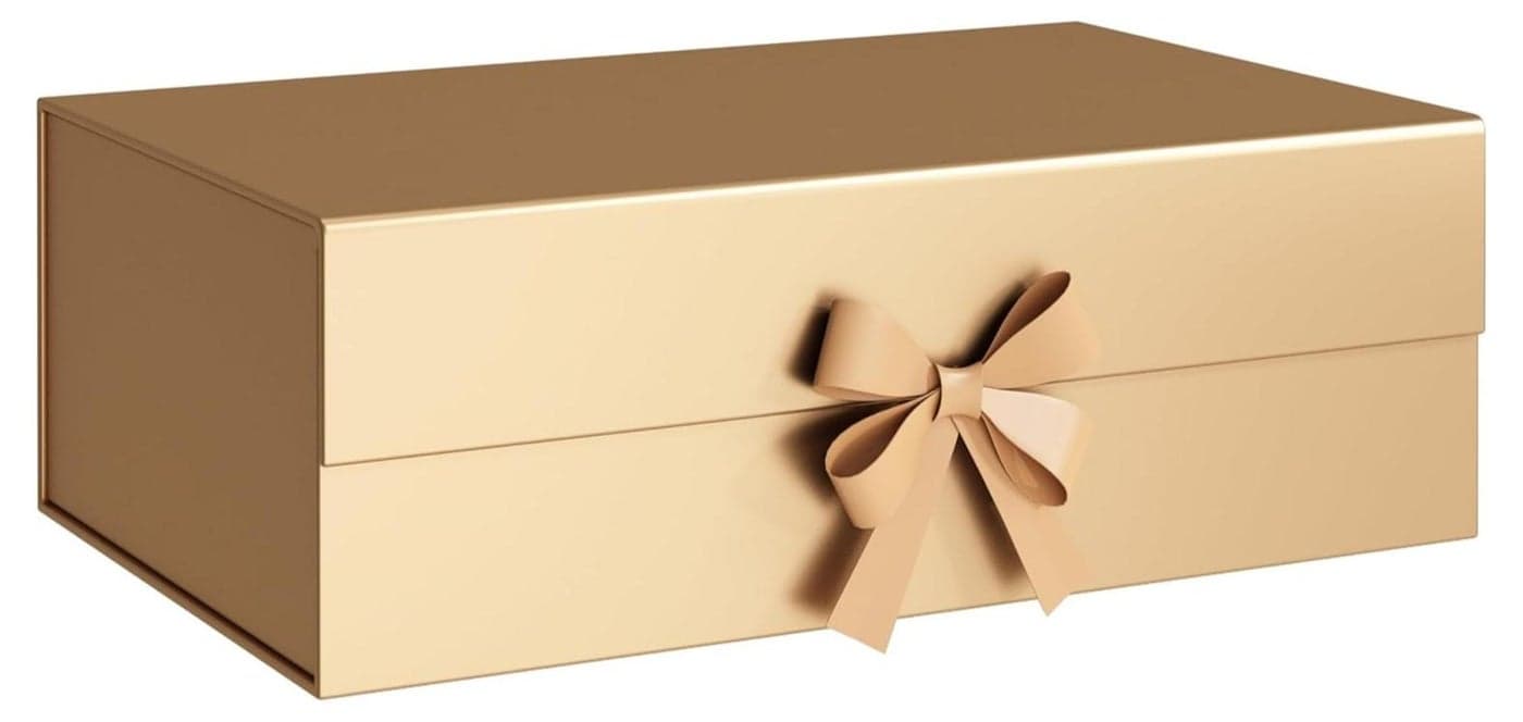 Luxury Magnetic Gift Box, Gold Medium Gift Box with Ribbon, Folding Gift Box for Presents With Magnetic Lid, Suitable for Festival, Birthday, Anniversary, 26x19x8 cm