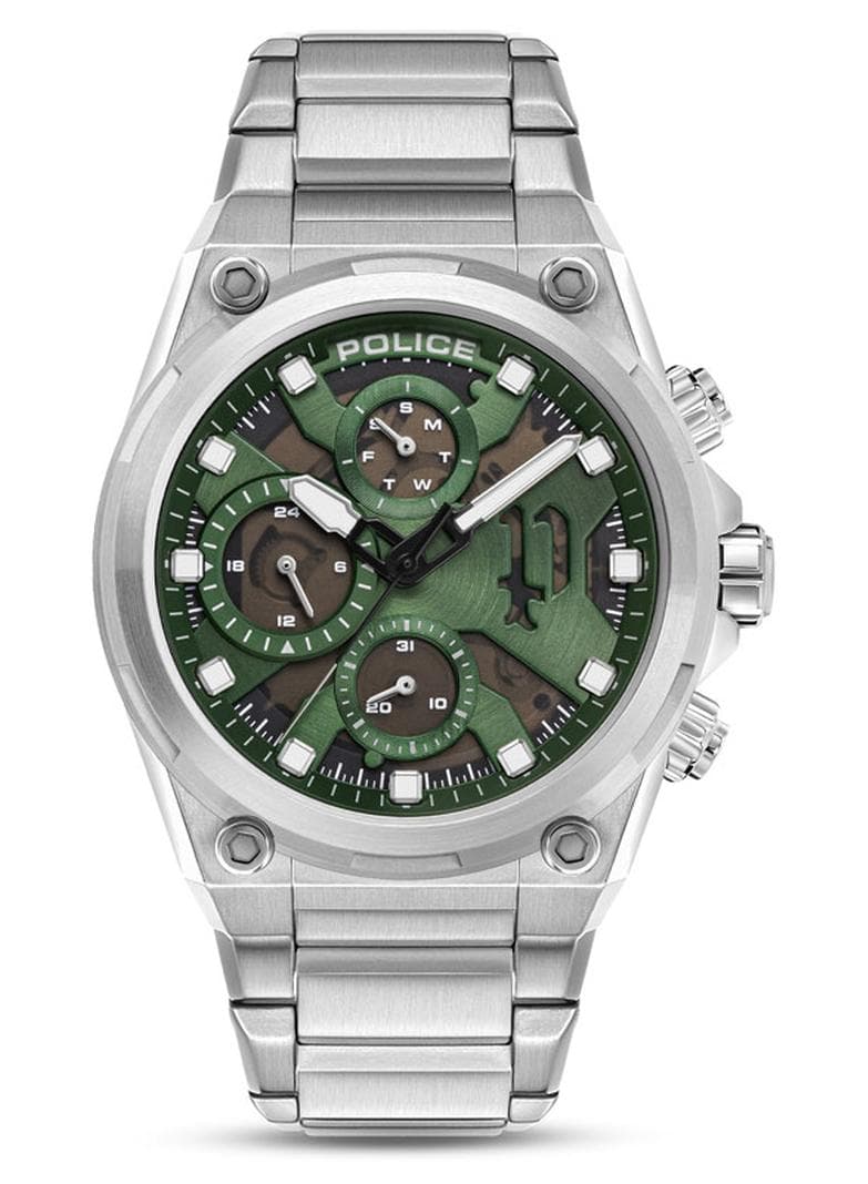 Men Airflow 43mm Multifunction Watch with Hydraulic Green Plate, Black Dial & 316L Stainless Steel Bracelet