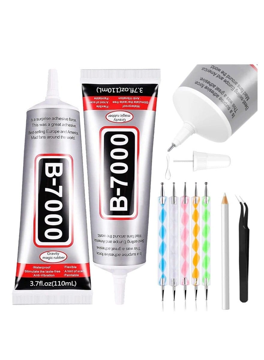 Adhesive Rhinestones Glue for Crafts, 2PCS 110ml B7000 Clear Glue with 5 Dotting Pen Tool, Wax Pencil and Tweezer, Jewelry Glue for DIY Craft Makeup Shoes Jewelry Making Nail Art