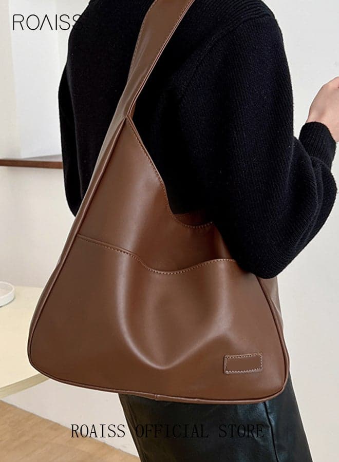 Women's Large Capacity Commuter Shoulder Bag Tote Bag Simple Solid Color Handbag PU Retro Casual Style Organized Compartments for Work, School and Daily Commuting, Versatile and Practical Brown