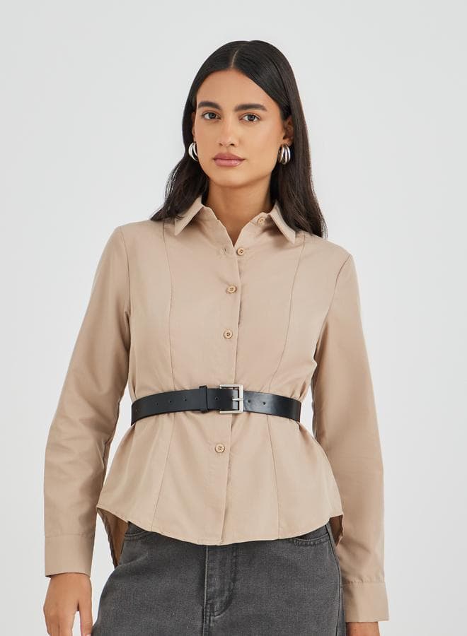 Solid Long Sleeve Buttoned Shirt with Belt