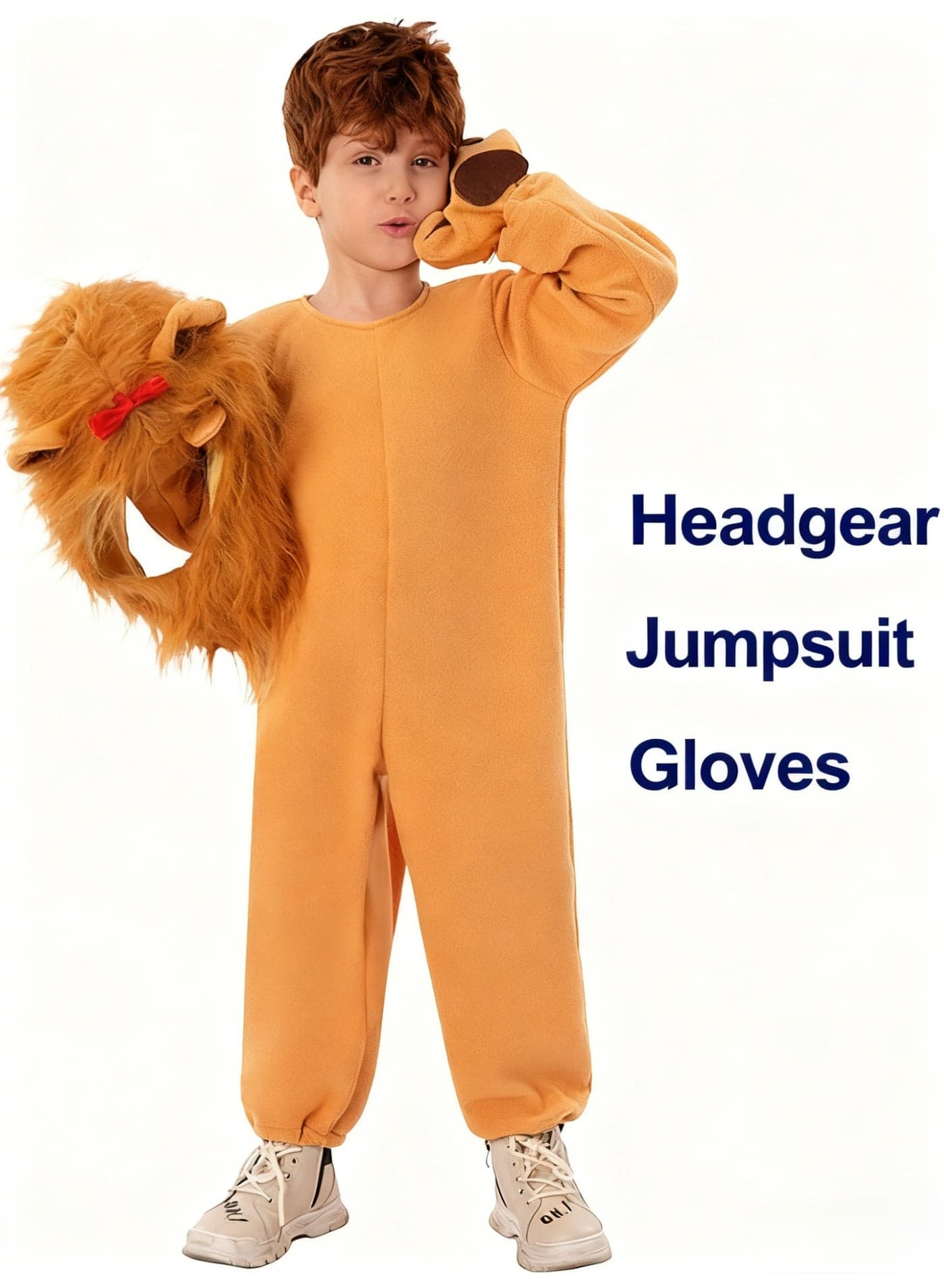 Kids Lion Costume Set with Headpiece, Gloves, Jumpsuit, Furry Mane, Tail, Paws Roaring Animal Outfit for role-playing, suitable for Boys Girls Birthday Gift, Dress-Up, Halloween, Birthday Party Yellow Brown, XL Size