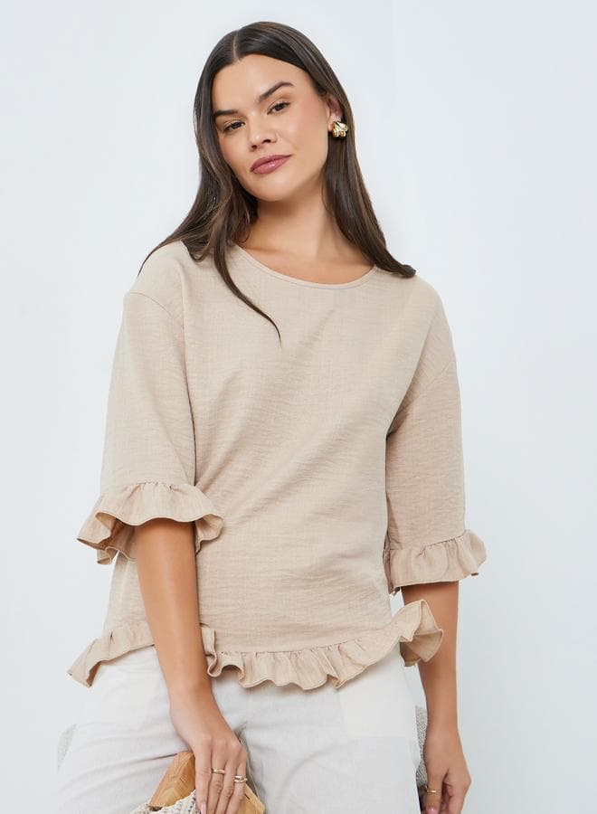Beige Ruffle Trim 3/4 Sleeve Top