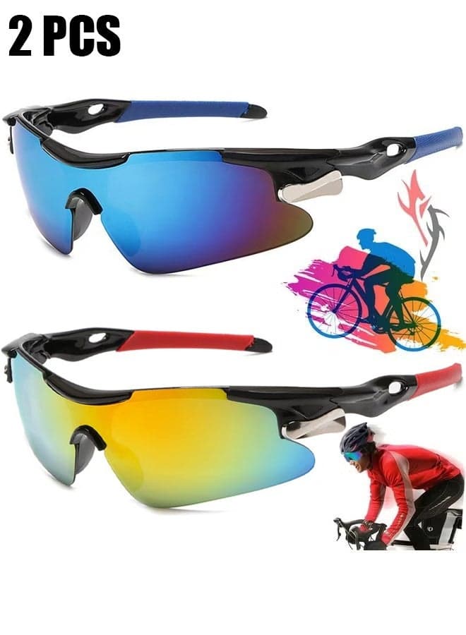 2 Pcs Sports Sunglasses, Colored Sports Sunglasses, Cycling Glasses Men Large, Sports Glasses Polarized Sports Glasses for Men UV400, For Daily Travel and Running (Blue, Red)
