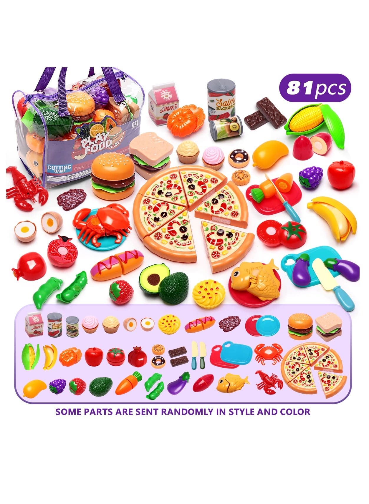 81pcs Cutting Toy Food with Storage Bag, Cutting Fruit and Vegetable Set, Kitchen Toy Set, Fun Food Simulation Toys for Children's Skills Development,Boys Girls Gift