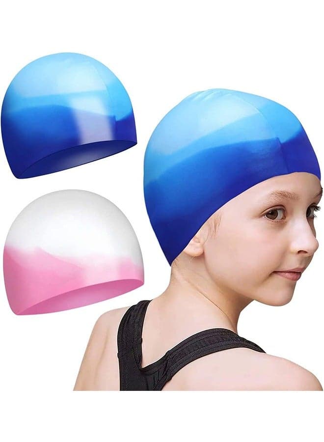Summer Swim Cap Kids Waterproof 2 Pack Silicone Swimming Caps for Girls Boys Aged 2-12. Bathing Caps for Kids .Toddler Children Pool Swim Cap .