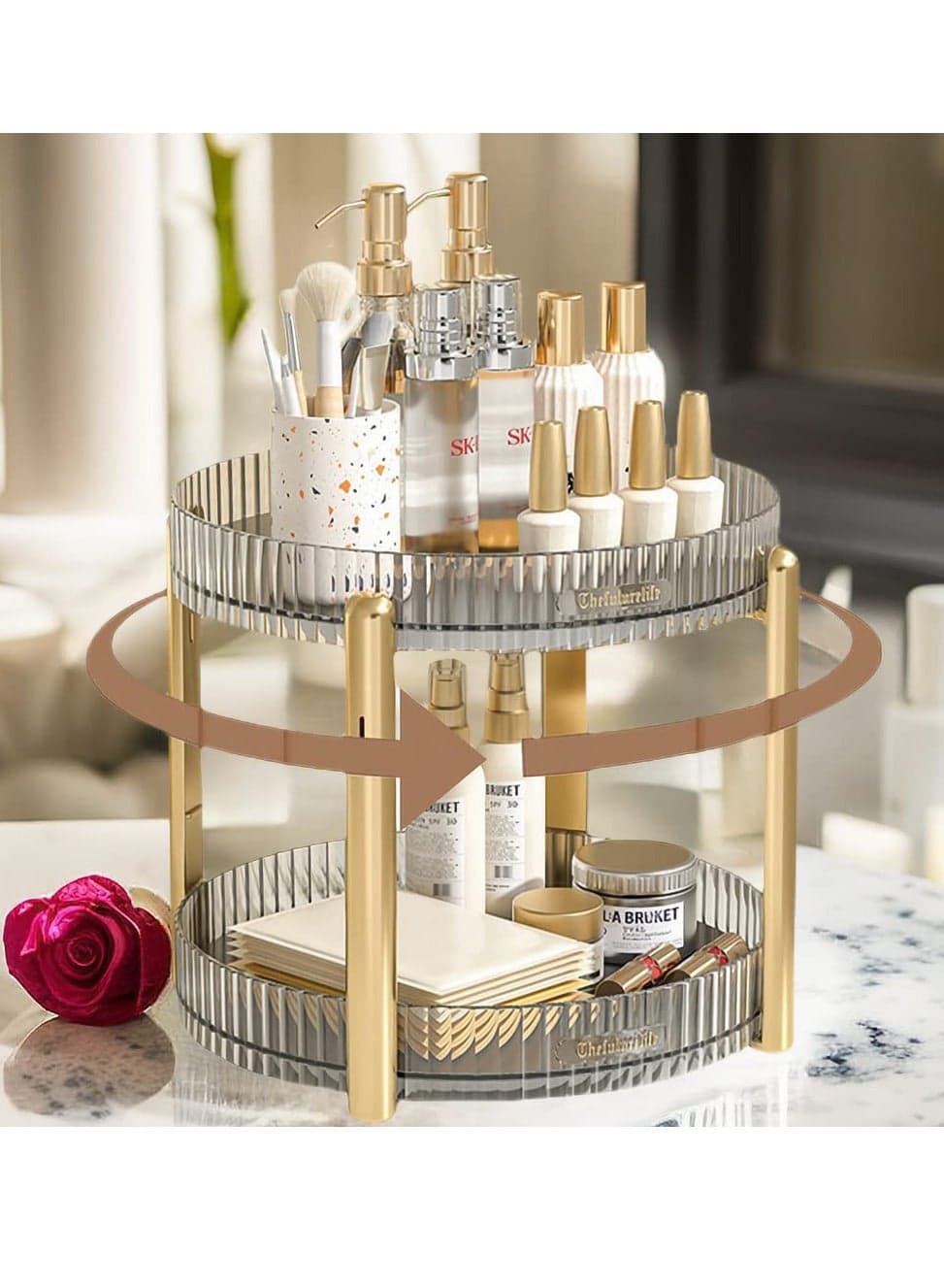 Rotating Makeup Organizer for Vanity, Bathroom Organizer Countertop Carousel Spinning Holder - High-Capacity Perfume Organizer, Skincare Organizers Cosmetics Storage Rack- 2Tier