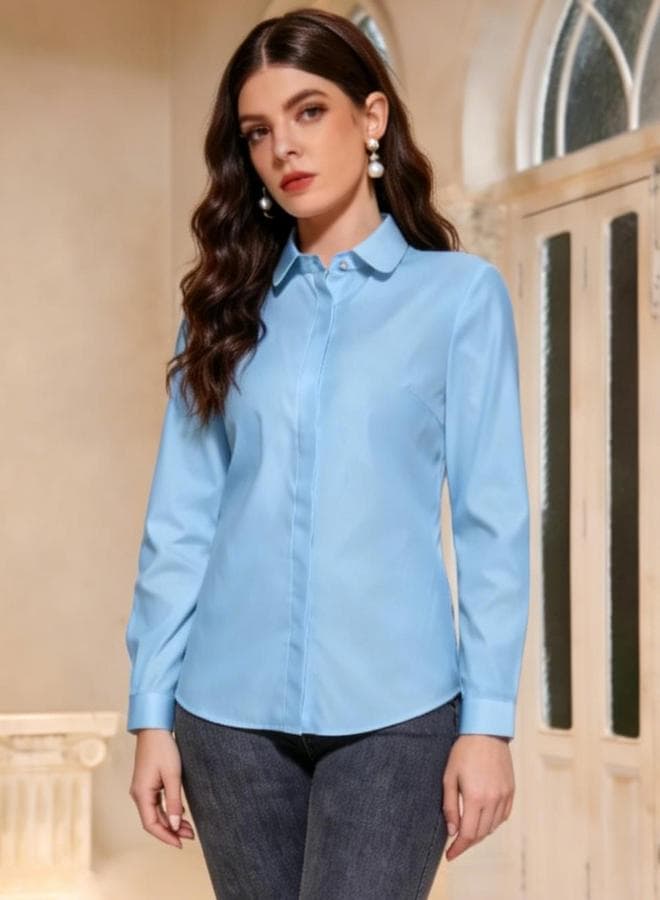 Blue Solid Long Sleeve Shirt