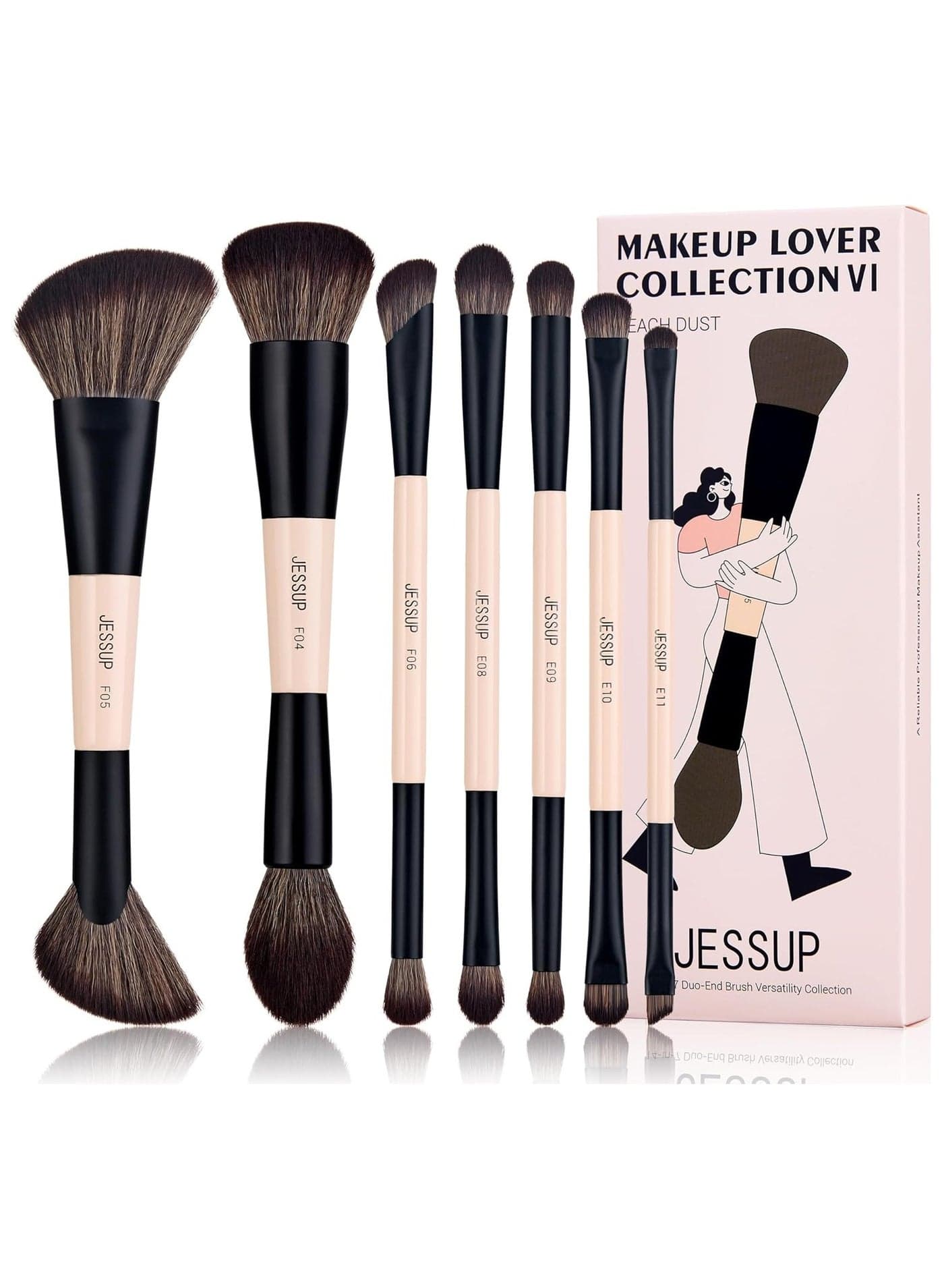 Jessup Makeup Brushes Set 14-in-7 Double Sided Makeup Brushes for Foundation Concealer Blush Eyeshadow Contour Bronzer Powder Blending Eyebrow Eyeliner, Cruelty-Free Makeup Brushes Peach Dust T600