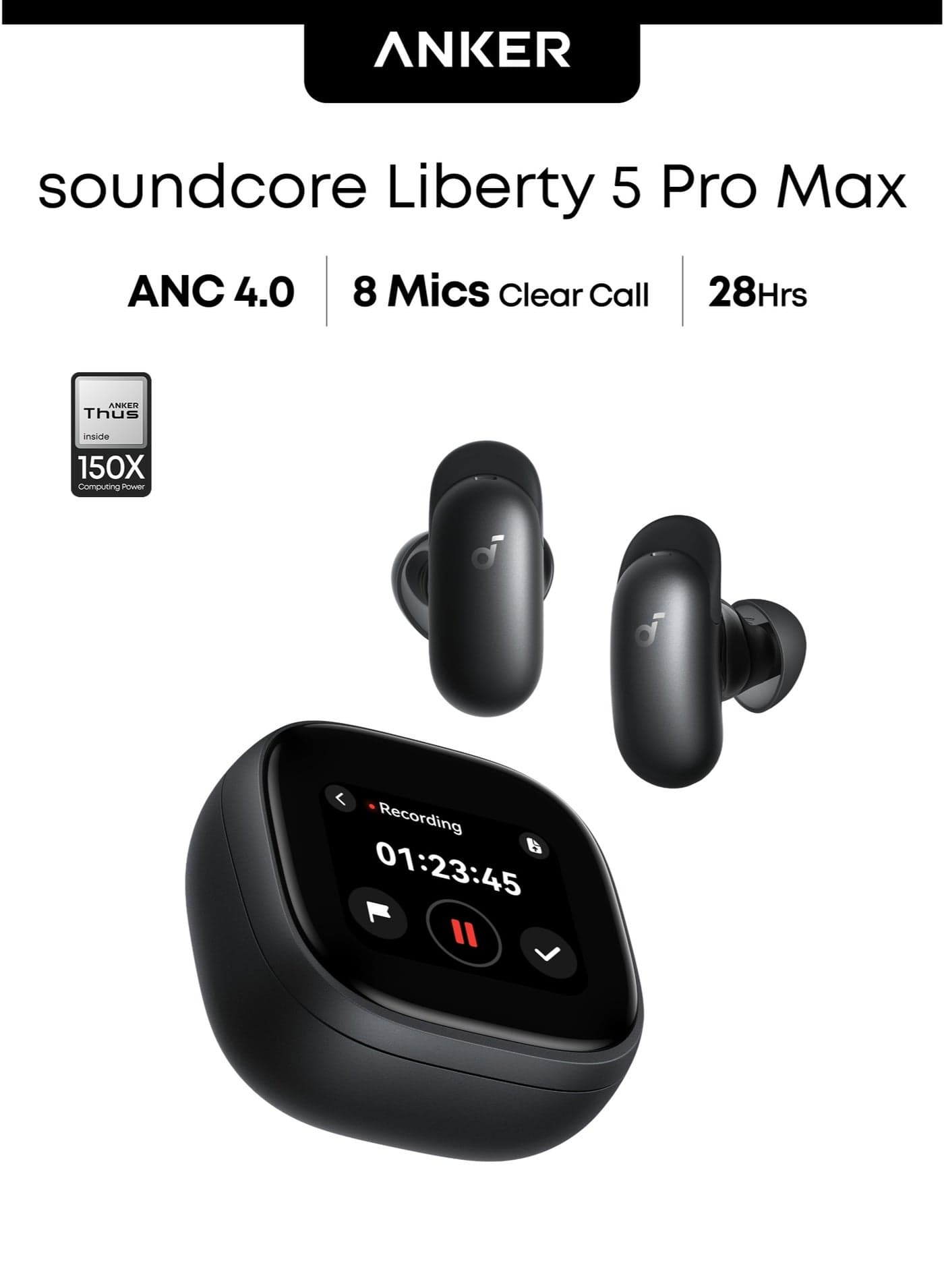 Anker soundcore Liberty 5 Pro Max, AI Note-Taker, Whisper-Clear Calls, Noise Cancelling Wireless Earbuds, 1.78" AMOLED Display, 5 Mins Charge = 4 Hrs Playtime, AI Meeting Transcription for Business Midnight Black