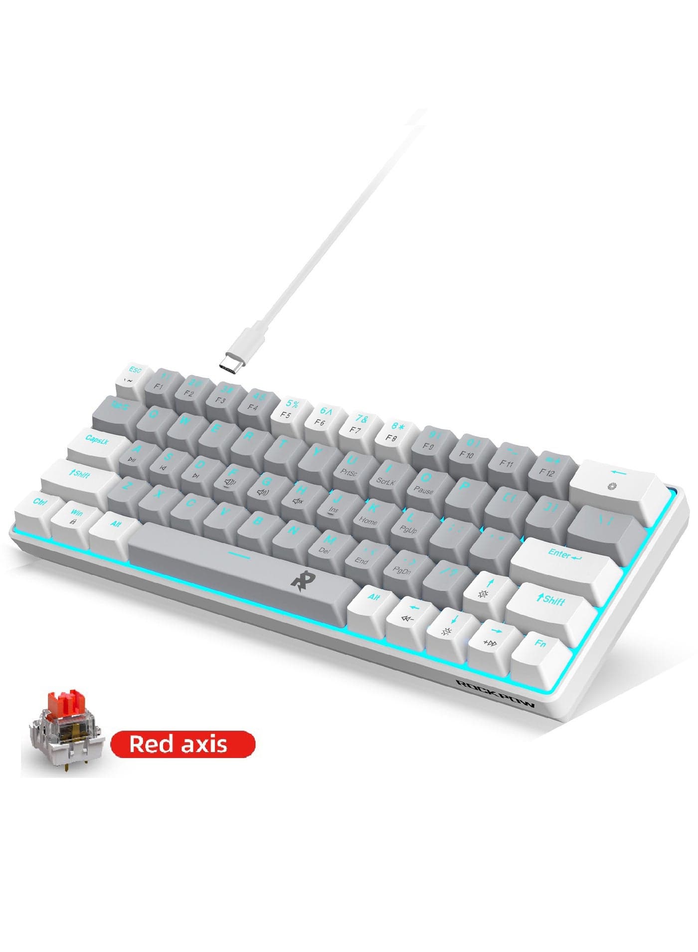 ROCK POW 60% Wired Mechanical Gaming Keyboard 63 keys Ice Blue Backlit Ultra-Compact Mini Keyboard Mini Compact Keyboard for PC/Mac Gamer Typist Easy Carry on Trip Red Switch