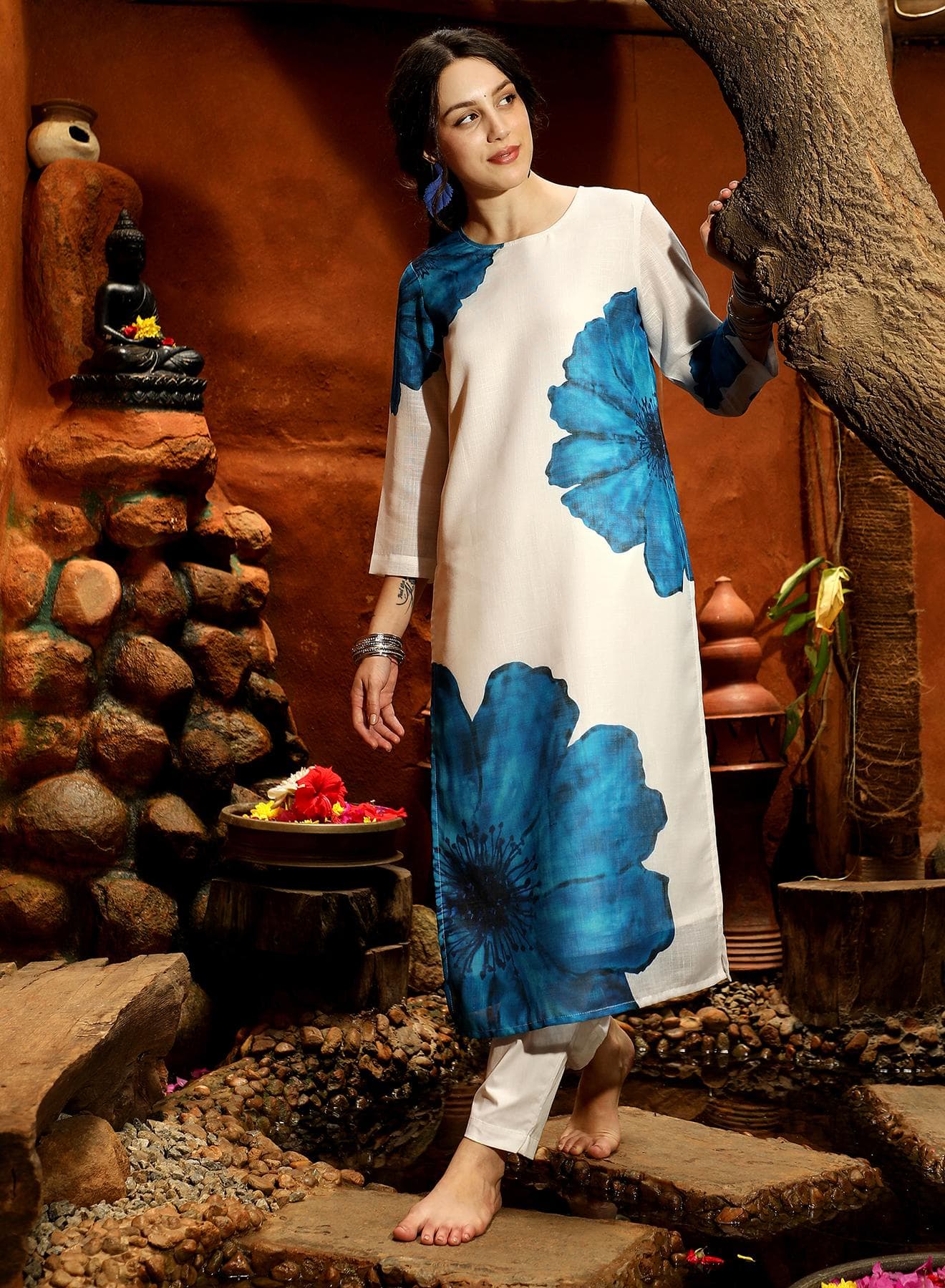 Qissa Women's Royal Blue Primrose Flora Kurta With Trousers For Casual Wear | Round Neck | Quarter Sleeves | 2 Piece Kurta Set Designed With Comfort Fit For Everyday Ethnic Wear