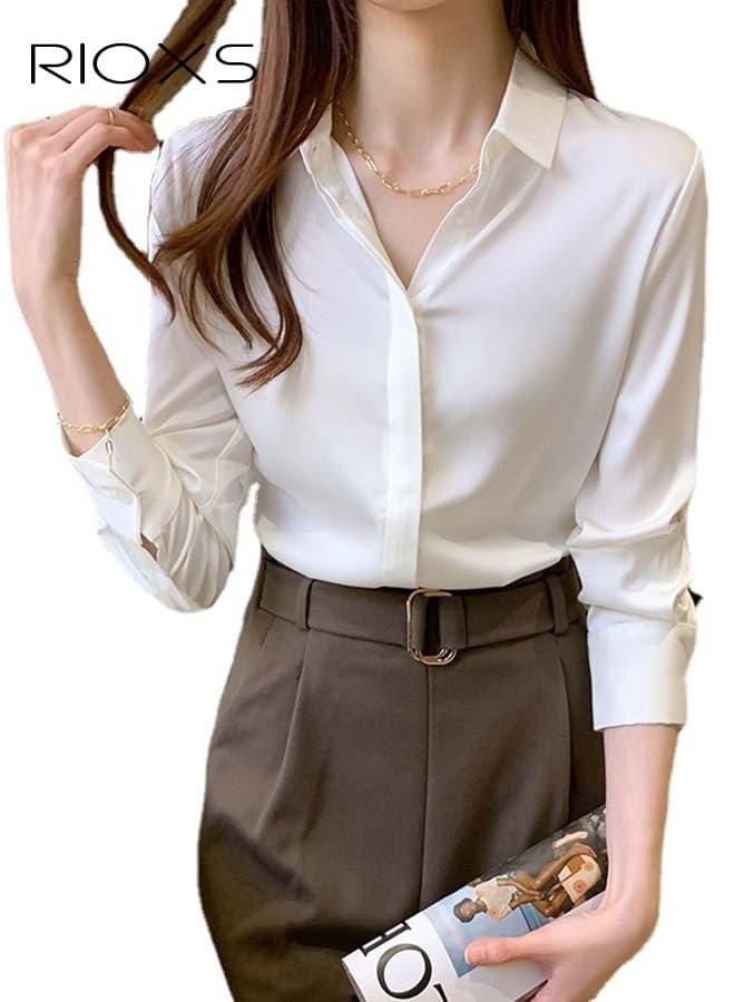 Women's Long Sleeve Shirts, Button Down Shirts, Fashion Satin Blouse Soft Shirt for Women, Turndown Neck Blouse, Ladies Dressy Uniform Shirt Work Tops, Casual Blouse for Daily Wear, Classic-Fit Shirts for Business, Vacation, School, Party, Office, White Loose Shirts
