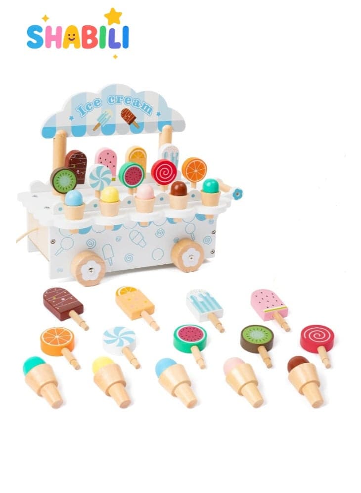 Wooden Ice Cream Cart Toy Set for Kids with Popsicles and Cones, Solid Wood Play Food Truck Trolley for Pretend Play Kitchen, for Boys and Girls Ages 3+, Gift for Birthday Classroom Home Learning