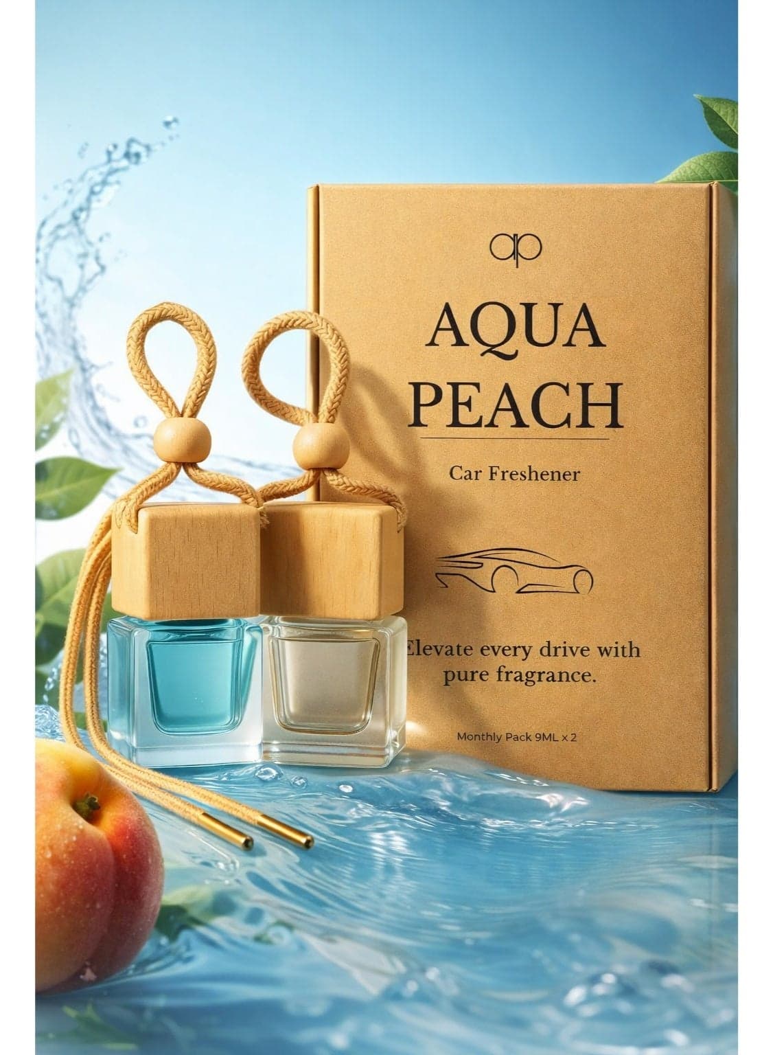 Aqua Peach Car Perfume | Car Air Freshener | Car Hanging Perfume | Fragrance Natural Wooden 2 in 1 Set – Hanging Glass Bottle Diffuser, Decorative Rope Design, Luxury Long-Lasting Scent, 2 Pack Economy Pack for Cars. Car Hanging Perfume.
