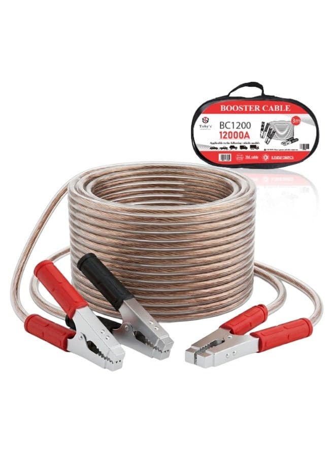 Toby’s BC-1200 Heavy Duty Car Booster Jumper Cable 12000AMP, 3M Length, 0.3mm × 282PCS Copper Wire, Strong Crocodile Clamps with Storage Bag