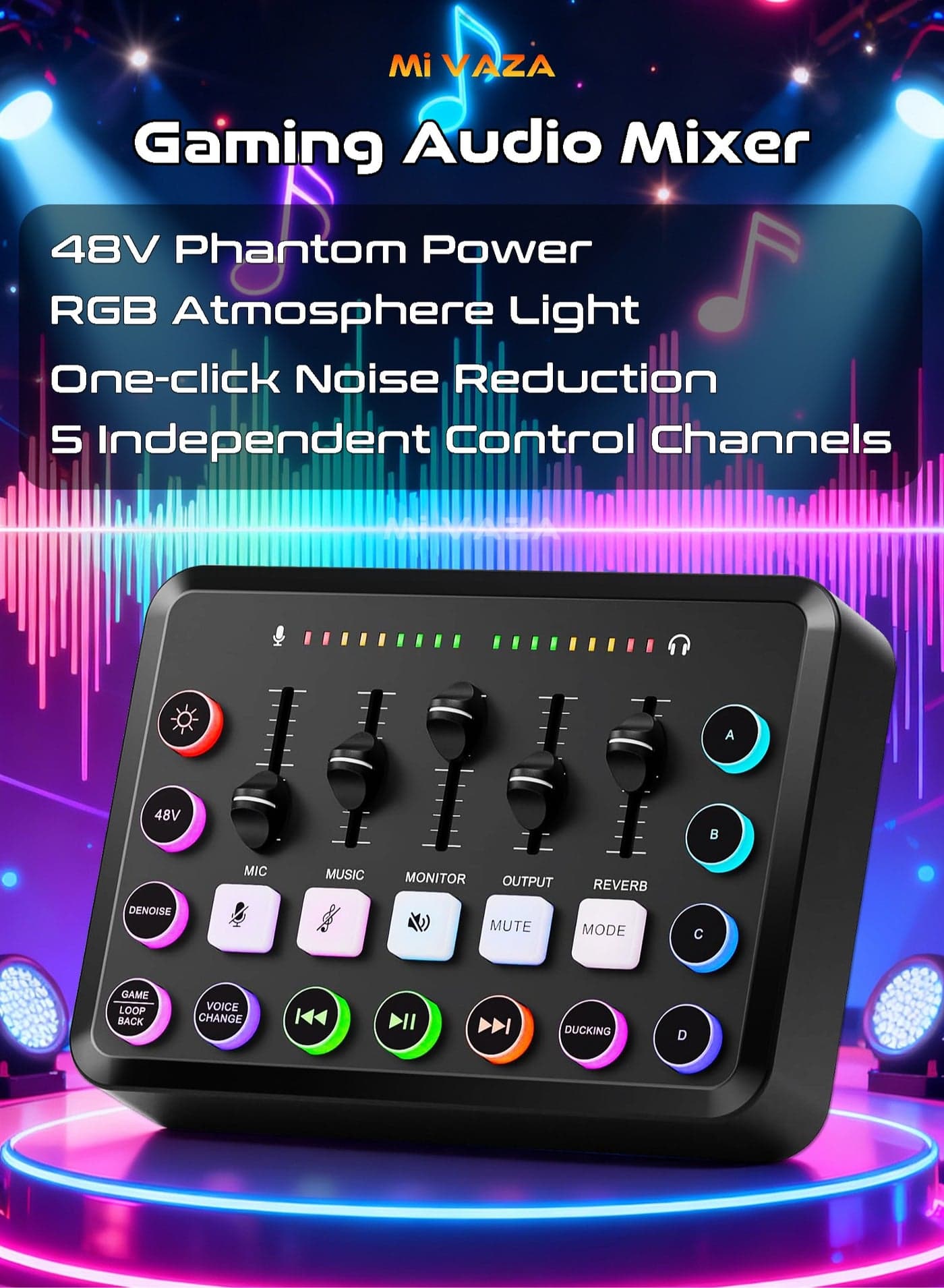 Wireless Audio Mixer - 48V Phantom Power - XLR Microphone - Voice Changer - Noise Reduction - Built-in 1800 mAh Battery - Gaming DJ Mixer - Live Sound Card for Podcasting, Recording, Singing, Gaming, Tiktok, YouTube, PC, Computer