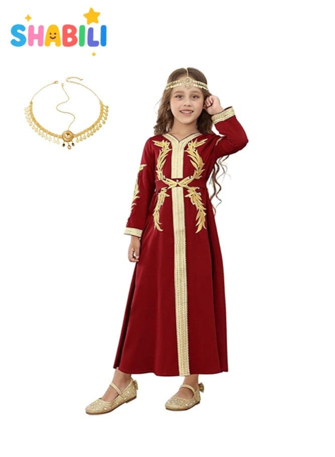 Elegant Girls’ Embroidered Long Sleeve Arabian Kaftan Jalabiya Dress – Red & Golden Floral Appliqué Design, Tie-Back Detail, Includes Rhinestone Coin Forehead Headpiece, Perfect for Ramadan, Cultural Day, and Special Occasions, Ages 6–11
