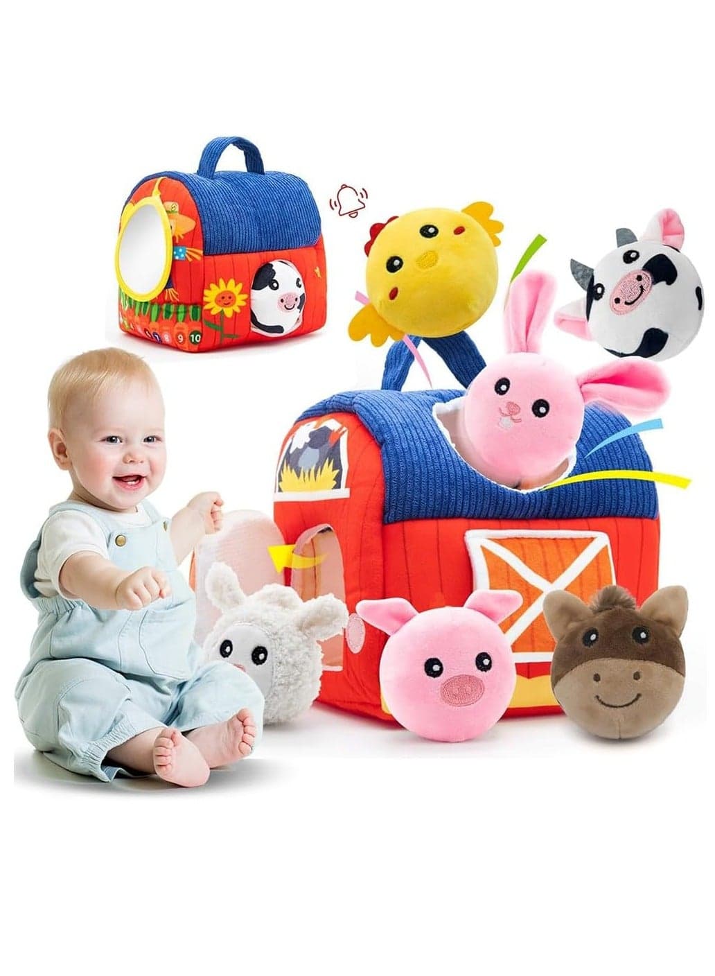 Baby Toys 6-12 Months,Soft Barn Toys with Stuffed Farm Animals,Rattle,Crinkle Paper, Squeaker, Mirror,Montessori Sensory Toy for Toddlers 1-3,Newborn Toy for Baby Boys Girls Birthday Gifts