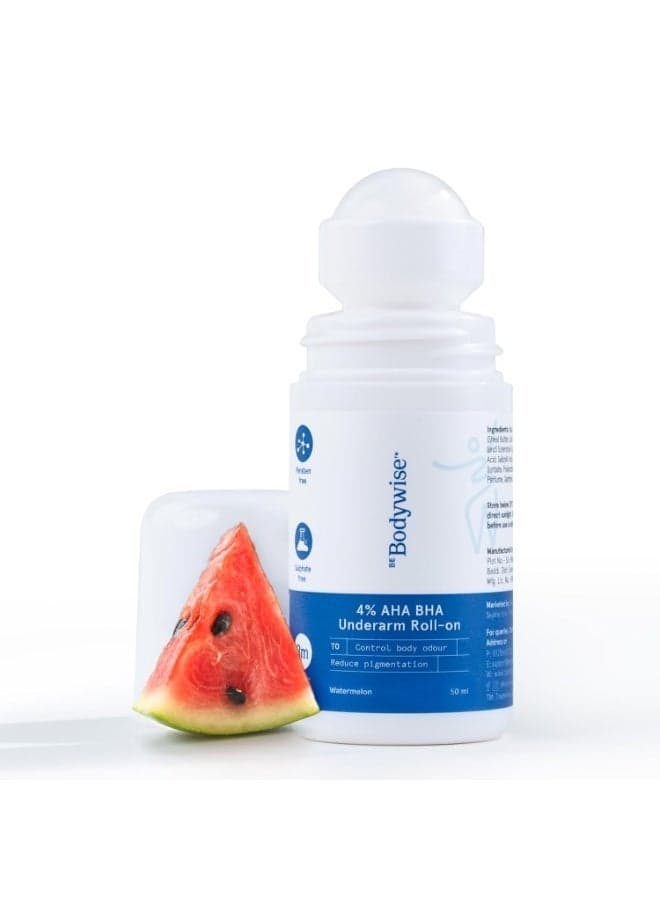 Be Bodywise 4% AHA BHA Underarm Roll On Deodorant | Watermelon Fragrance | With 1% Mandelic Acid, 2% Lactic Acid & Alpha Arbutin | Prevents Body Odour, Fades Pigmentation for Even Tone & Kills Bacteria | Alcohol & Aluminum Free | 50 ml