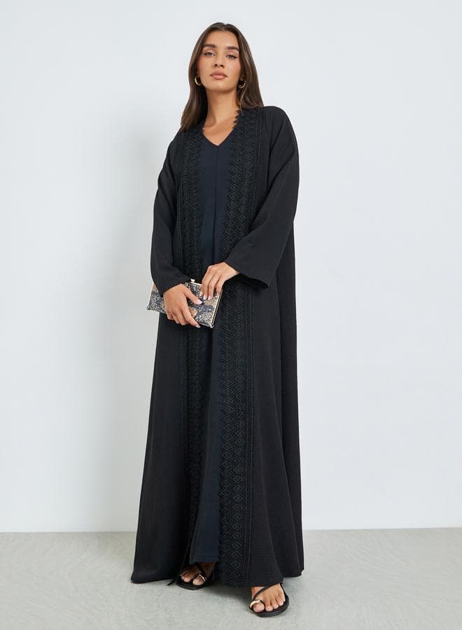 Black Front Open Abaya with Lace Trim