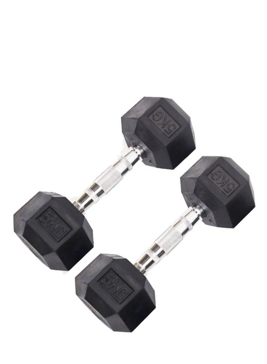 5 KG Rubber Coated Metal Ergonomic Hex Hand Dumbbell for Fitness Strength Training Weightlifting Workout Prevent Rolling Injury for Home Gym Sports Exercise Gym Equipment Men Women Pack of 2
