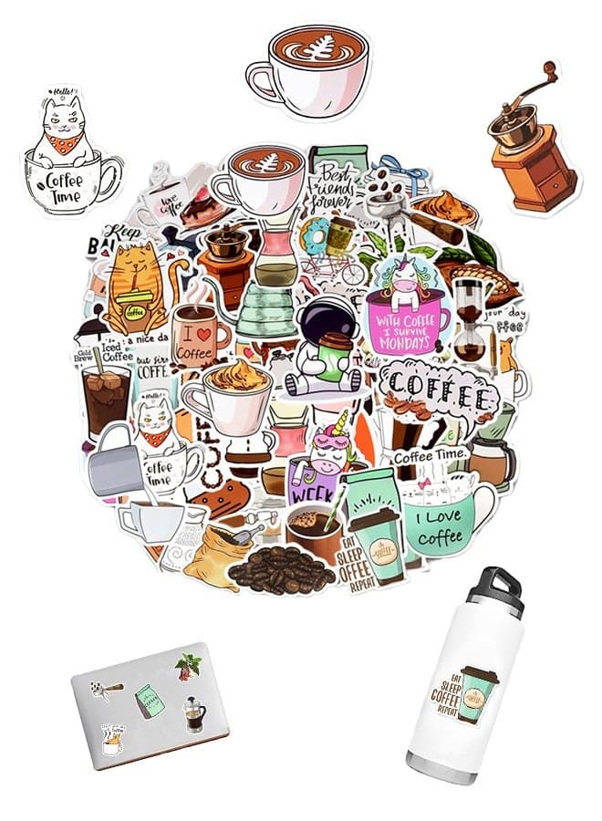 Pack 50 PCS Cute Coffee Stickers Vinyl Decals Waterproof Decorations Accessorise Water Bottle Laptop Window Envelope Guitar Car Gifts for Teens Adults