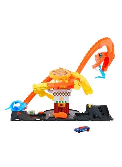 Hot Wheels City Toy Car Track Set, Pizza Slam Cobra Attack, Snake Tail Spiral Track With Randomizer, 1 Vehicle In 1:64 Scale