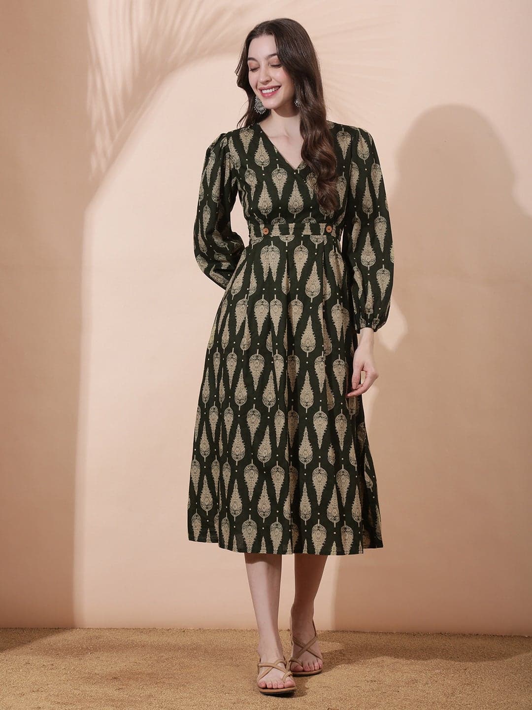 Globus Women Olive Ethnic Print Wrap V-Neck Bishop Sleeves Smocked Detail Fit & Flare Midi Dress