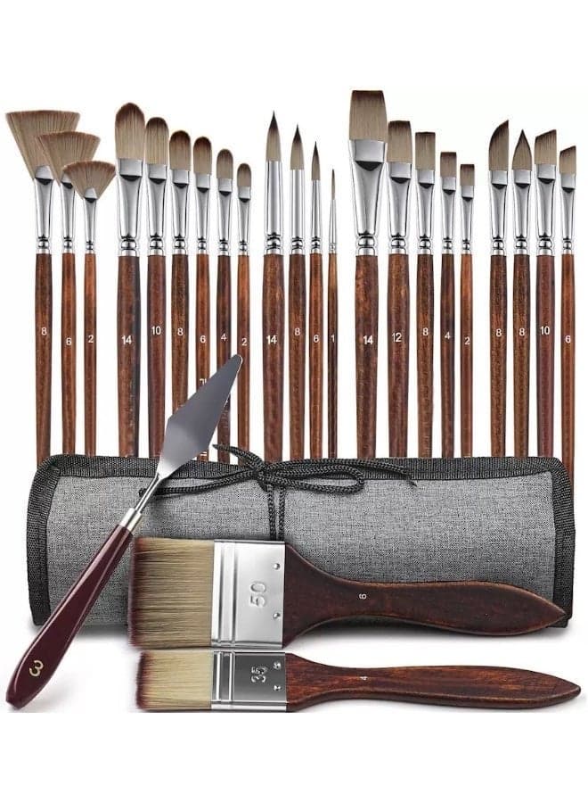 26pcs Paint Brush Set, Acrylic Paint Brushes, Professional Artist Series with Wide Flat, Filbert, Fan, Dagger, Cat Tongue, Round, Angle, Rigger for Oil, Acrylic Canvas Paintings, Face Painting