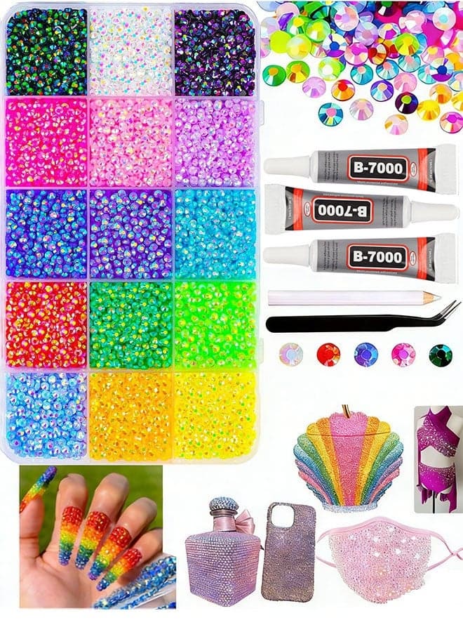 20,000 3MM resin jelly rhinestones suitable for crafts and nail art, 15 colors SS12 flat-back rhinestone gems, suitable for use on cups, mugs, Crocs, graduation caps, and makeup, includes glue and a glitter set