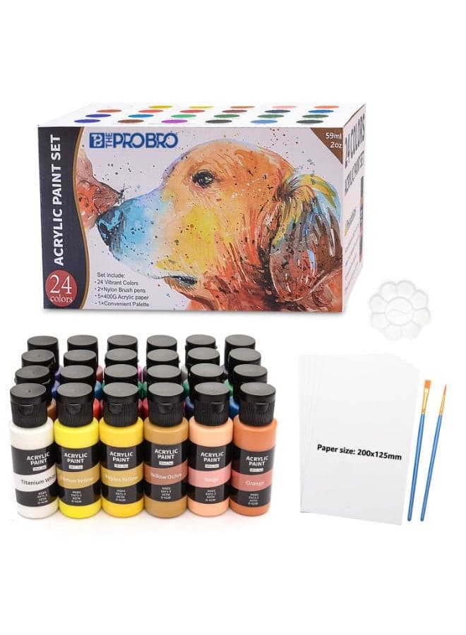 THE PRO BRO Acrylic Paint Set – 24 Vibrant Colors (59ml Tubes) Non-Toxic Rich Pigment Paints with Brushes, Palette & Acrylic Paper – Professional Art Supplies for Canvas, Wood, Clay & Crafts
