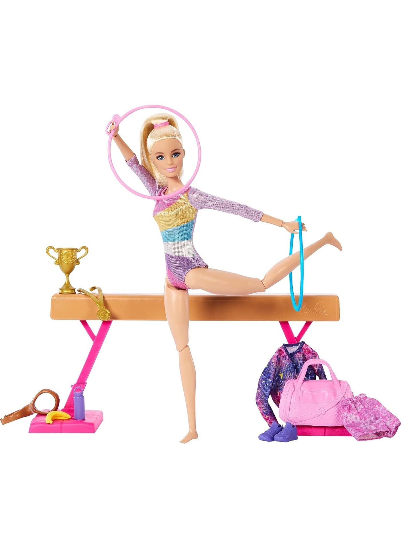 Gymnastics Doll & Accessories, Playset With Blonde Fashion Doll, C-Clip For Flipping Action, Balance Beam, Warm-Up Suit & More