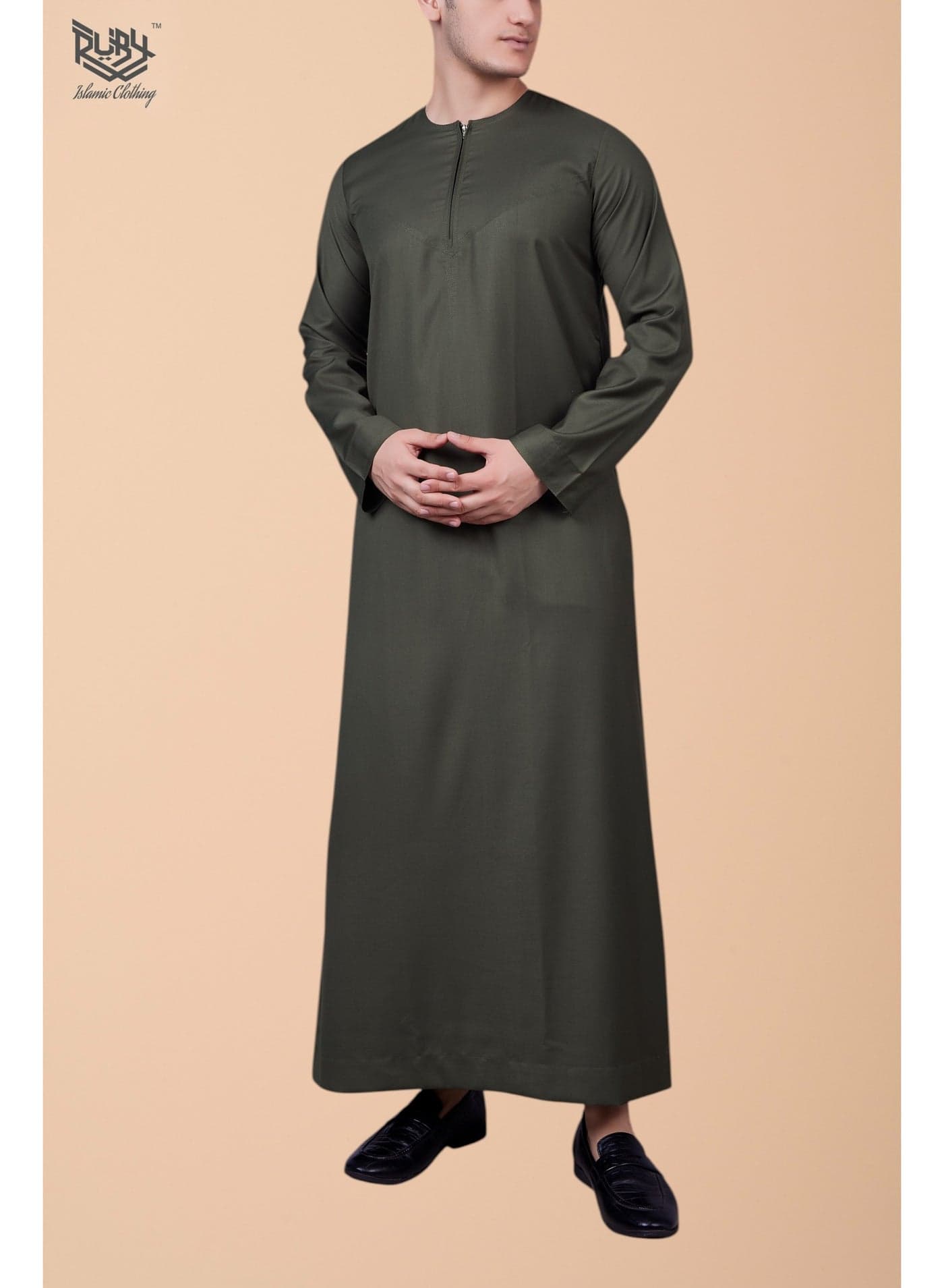 Essential Olive Thobe jubba kandura dishdasha for men – Emirati Style with Front Zip