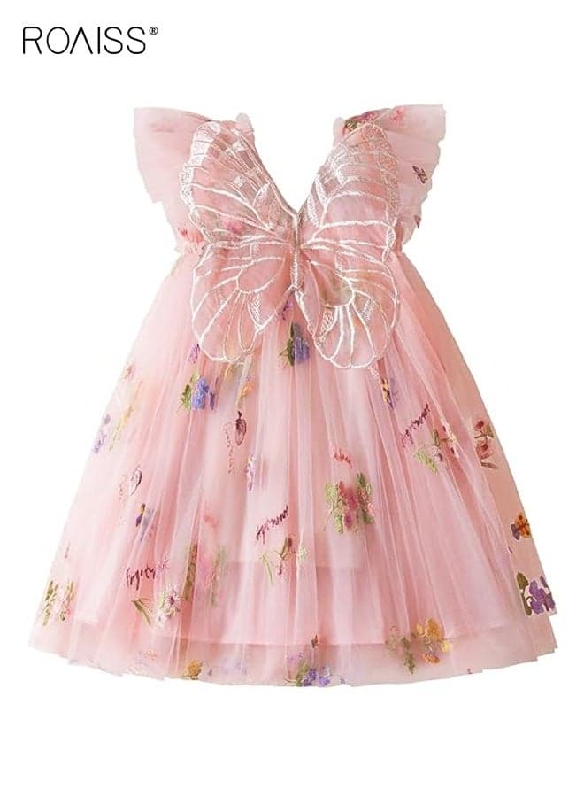 Girl's Summer Dress with Butterfly Wings Design, Retro Formal Dress, Elegant Stylish A Line Dress for Girls, Flower-patterned Embroidered Sundress, Suitable for Daily Wear or Any Occasion